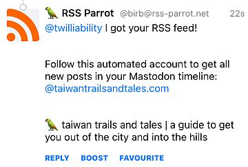 Screenshot of the birb's reply, containing a link to the RSS Parrot account dedicated to the feed.